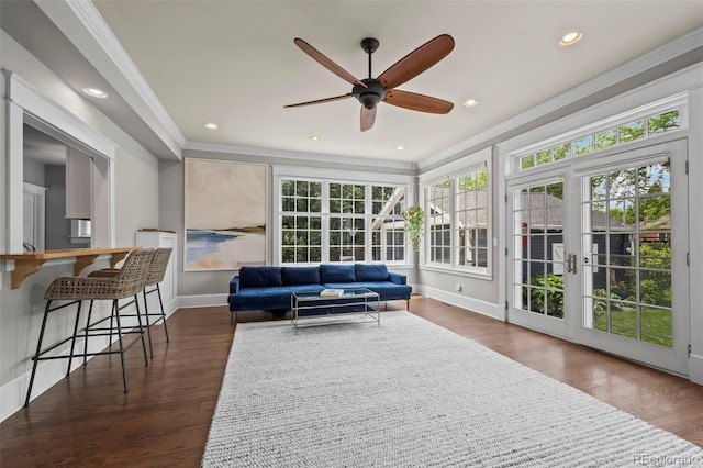 5675 S Crocker St, Littleton, CO 80120 - living area with ornamental molding, a ceiling fan, baseboards, dark wood-style floors, and recessed lighting