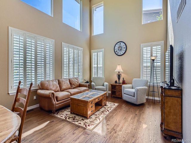 11074 Grayledge Cir, Highlands Ranch, CO 80130 - living room featuring plenty of natural light, wood finished floors, and a towering ceiling