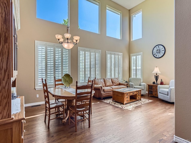 11074 Grayledge Cir, Highlands Ranch, CO 80130 - dining room featuring plenty of natural light, a chandelier, wood finished floors, and a high ceiling