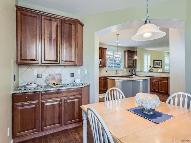 11074 Grayledge Cir, Highlands Ranch, CO 80130 - dining space with arched walkways and dark wood-style flooring