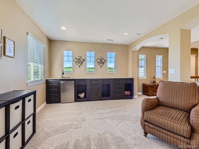 11074 Grayledge Cir, Highlands Ranch, CO 80130 - living area with arched walkways, carpet, and recessed lighting