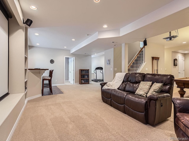 11074 Grayledge Cir, Highlands Ranch, CO 80130 - carpeted living room with recessed lighting and stairway