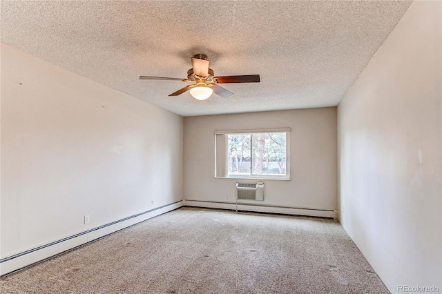 carpeted empty room with a textured ceiling, a wall mounted AC, a baseboard radiator, and a ceiling fan