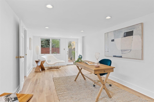 1420 E Bates Ave, Englewood, CO 80113 - home office with light wood-style floors, baseboards, and recessed lighting