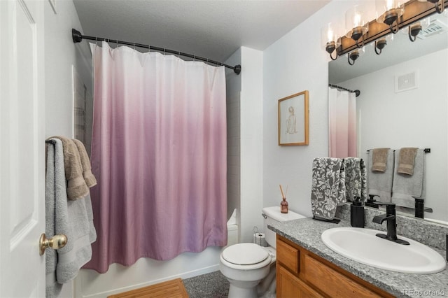 full bath featuring visible vents, toilet, vanity, and shower / bath combination with curtain