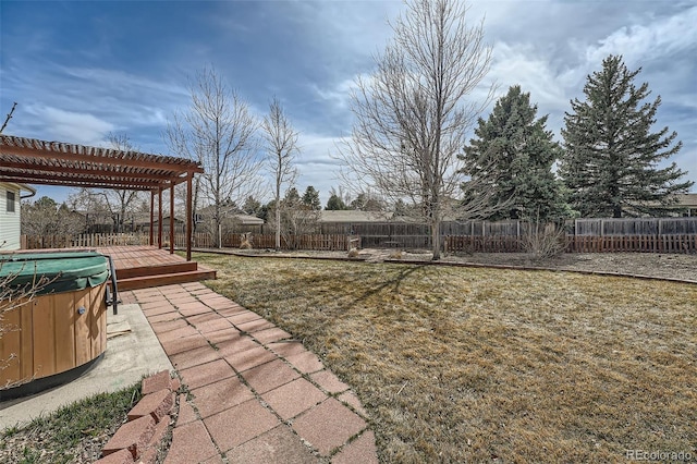 view of yard featuring a patio, a fenced backyard, and a pergola