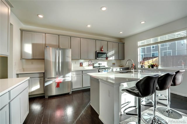 kitchen featuring gray cabinetry, stainless steel appliances, dark wood-type flooring, sink, and a center island with sink