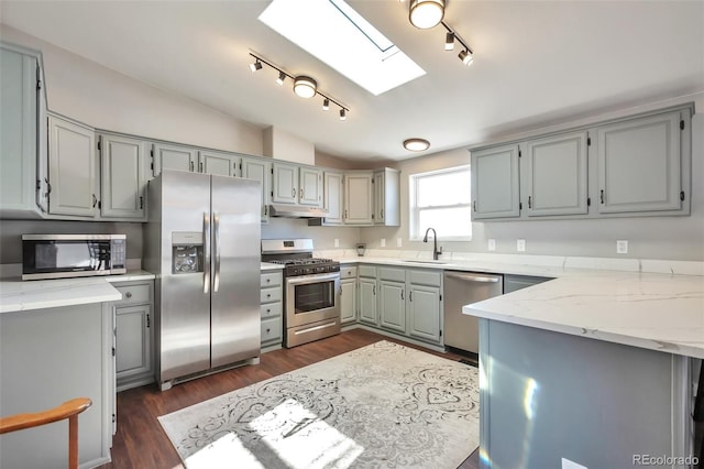 kitchen with lofted ceiling with skylight, gray cabinets, and stainless steel appliances