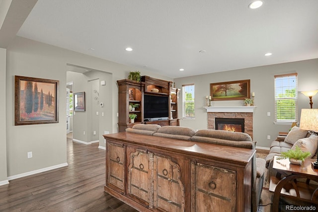 30 S Ider Way, Aurora, CO 80018 - living area with a stone fireplace, dark wood finished floors, recessed lighting, and baseboards