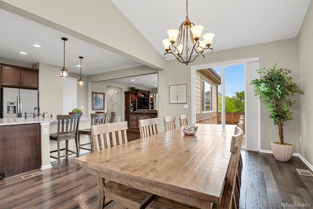 30 S Ider Way, Aurora, CO 80018 - dining room featuring dark wood finished floors, baseboards, recessed lighting, a chandelier, and lofted ceiling