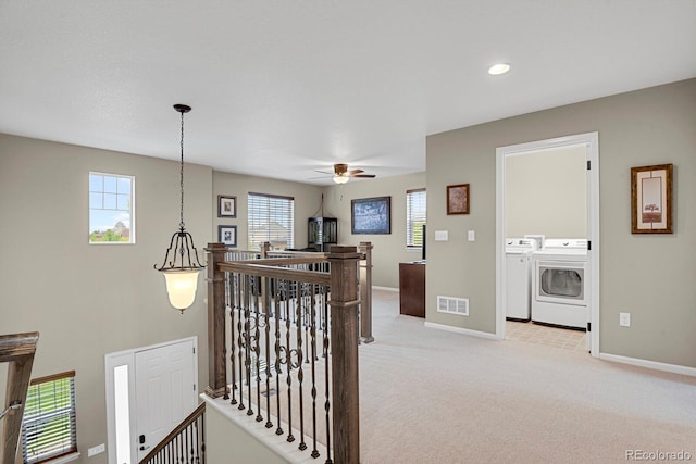 30 S Ider Way, Aurora, CO 80018 - hallway with separate washer and dryer, an upstairs landing, carpet floors, and recessed lighting