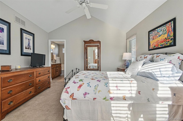 3240 Spruce St, Denver, CO 80238 - bedroom with light carpet, lofted ceiling, connected bathroom, and a ceiling fan