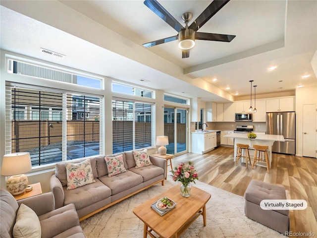 living room featuring a tray ceiling, plenty of natural light, light hardwood / wood-style floors, and sink