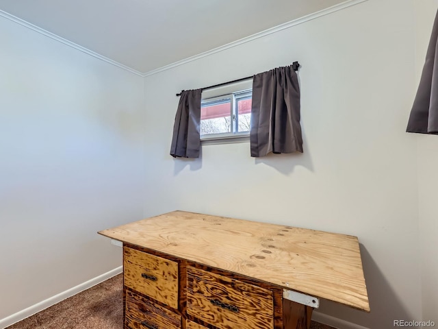 office space featuring ornamental molding and dark colored carpet