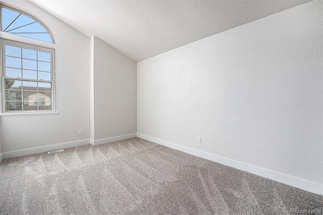 carpeted empty room featuring lofted ceiling and a textured ceiling