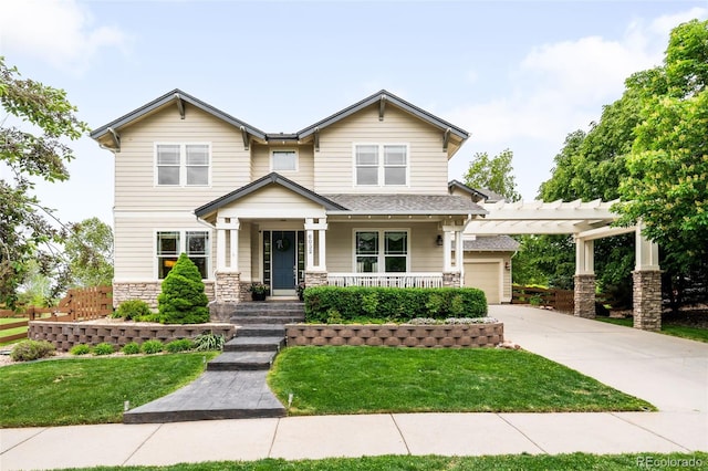 6032 Umber St, Arvada, CO 80403 - craftsman inspired home with a porch, a garage, driveway, a pergola, and stone siding