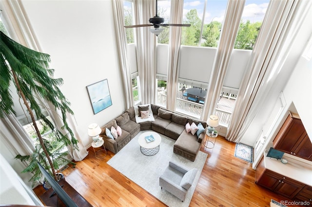 6032 Umber St, Arvada, CO 80403 - living area with healthy amount of natural light, a high ceiling, light wood finished floors, and ceiling fan
