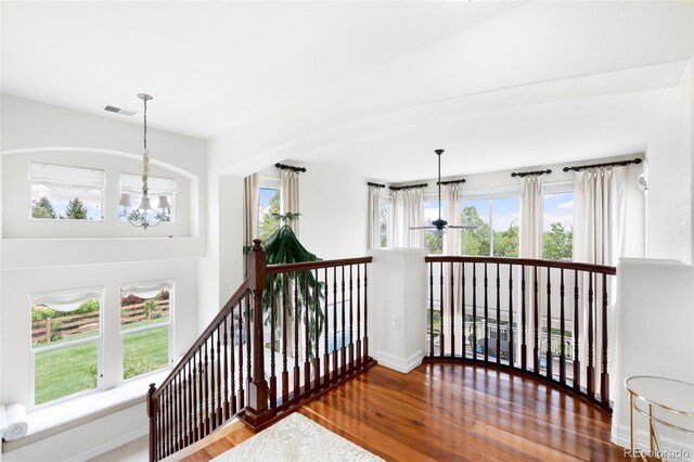 6032 Umber St, Arvada, CO 80403 - hall featuring wood finished floors, a chandelier, an upstairs landing, and baseboards
