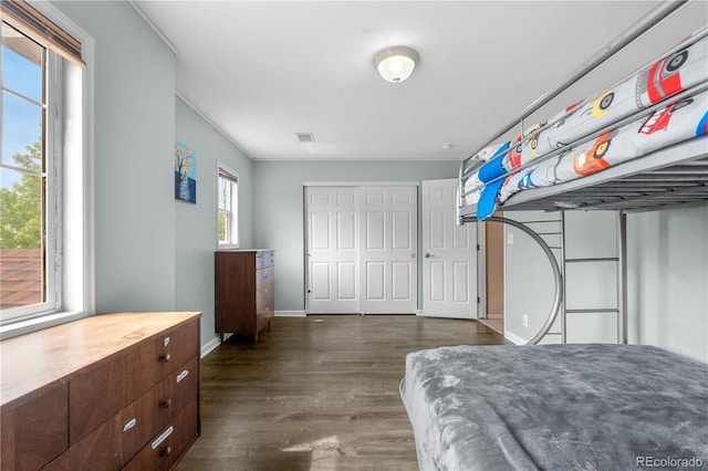 13664 Linden Ct, Thornton, CO 80602 - bedroom featuring dark wood-style flooring, baseboards, and a closet