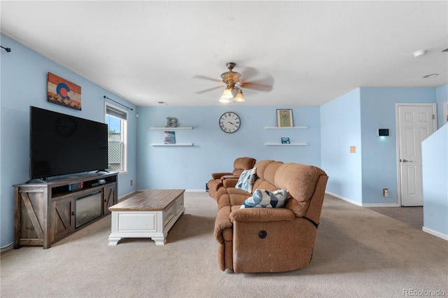 13664 Linden Ct, Thornton, CO 80602 - living room featuring light colored carpet, ceiling fan, and baseboards