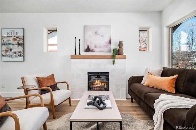 living room featuring a tile fireplace and light hardwood / wood-style floors