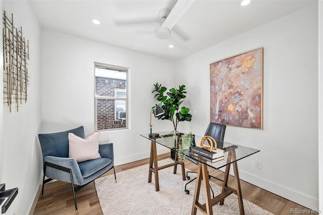 office area featuring ceiling fan and light hardwood / wood-style flooring