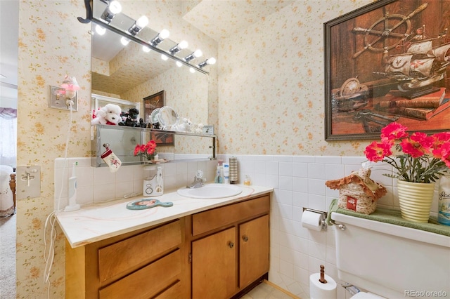 bathroom with backsplash, vanity with extensive cabinet space, tile walls, and tile flooring