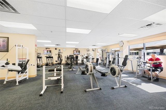 workout area with carpet and a paneled ceiling