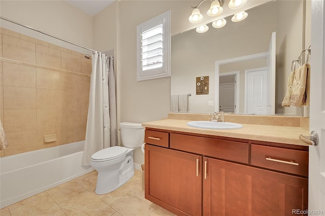 full bath featuring vanity, shower / bath combo with shower curtain, and toilet