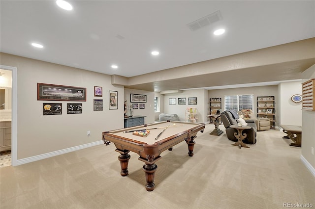 rec room with billiards, visible vents, baseboards, light carpet, and recessed lighting