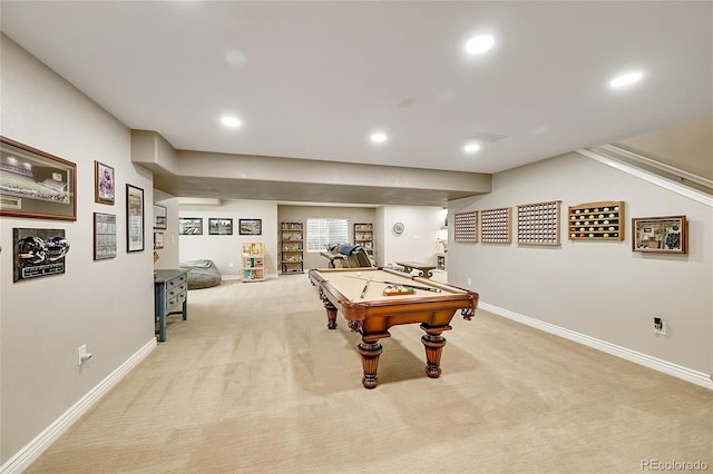 rec room with pool table, baseboards, light carpet, and recessed lighting