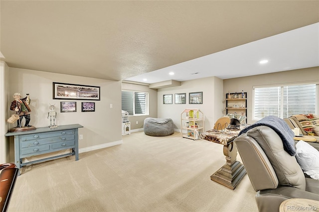 interior space featuring carpet flooring, recessed lighting, and baseboards