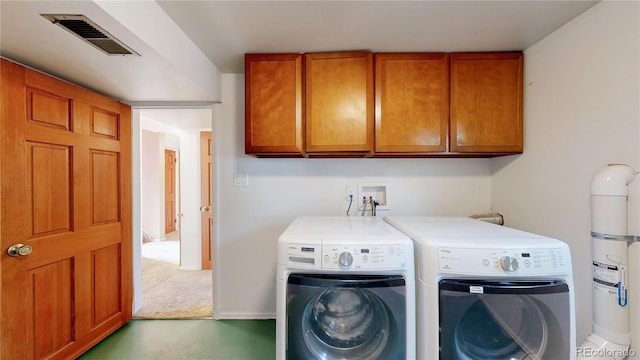 6631 Welch Ct, Arvada, CO 80004 - laundry room featuring cabinet space, separate washer and dryer, carpet, and water heater