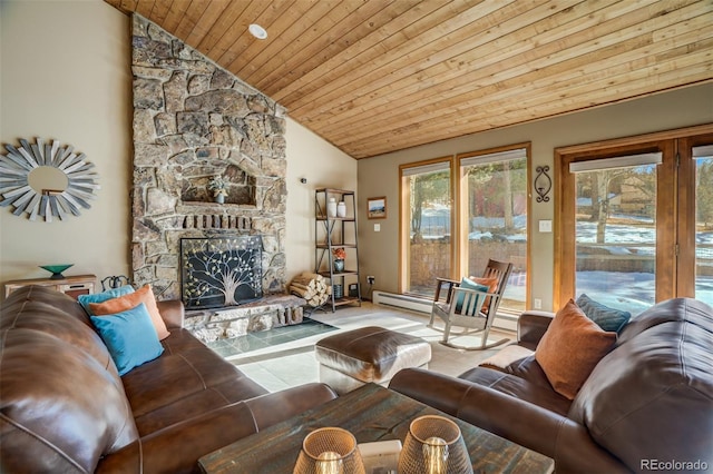 living room featuring a stone fireplace, high vaulted ceiling, wooden ceiling, and a baseboard radiator