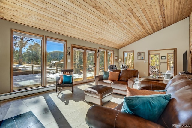 tiled living room featuring wooden ceiling, a baseboard radiator, and vaulted ceiling