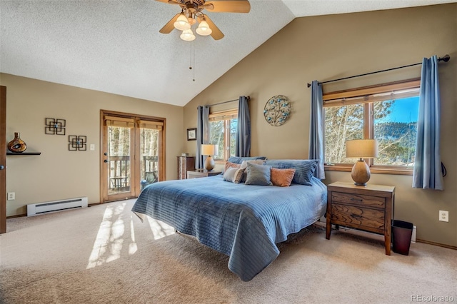 bedroom featuring a baseboard heating unit, vaulted ceiling, carpet flooring, ceiling fan, and access to exterior