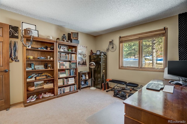 office area with light colored carpet and a textured ceiling