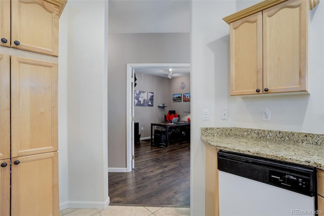 3993 S Dillon Way Unit 104, Aurora, CO 80014 - kitchen featuring dishwasher, light brown cabinets, light stone counters, and a desk