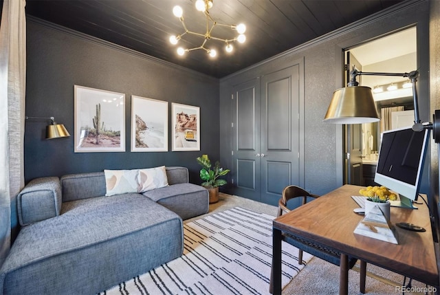 carpeted office with a textured wall, a chandelier, wooden ceiling, and crown molding