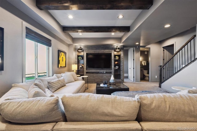 living room featuring recessed lighting, baseboards, stairway, beam ceiling, and carpet