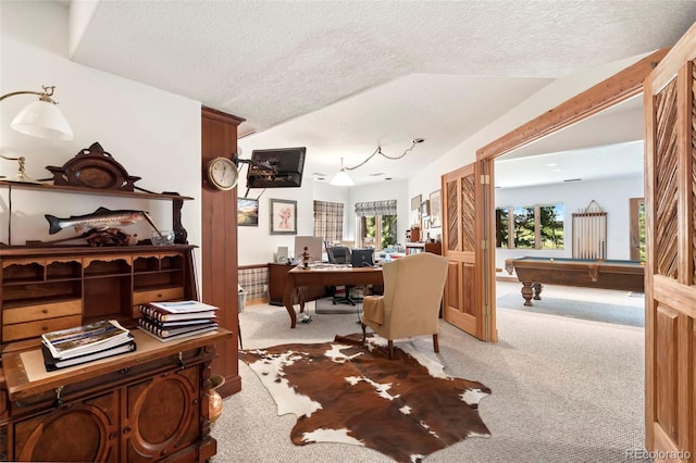 2611 Fox Acres Dr E, Red Feather Lakes, CO 80545 - office featuring carpet floors, pool table, a textured ceiling, and plenty of natural light