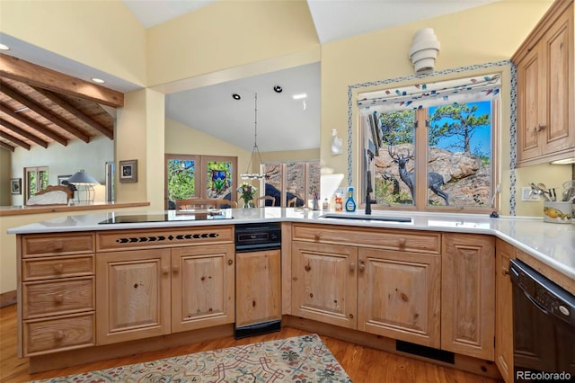 2611 Fox Acres Dr E, Red Feather Lakes, CO 80545 - kitchen featuring black appliances, light wood-style floors, light countertops, a peninsula, and light brown cabinetry