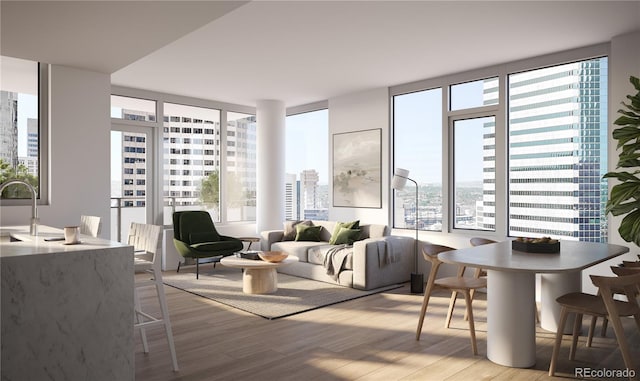 living room with light hardwood / wood-style floors, sink, and floor to ceiling windows