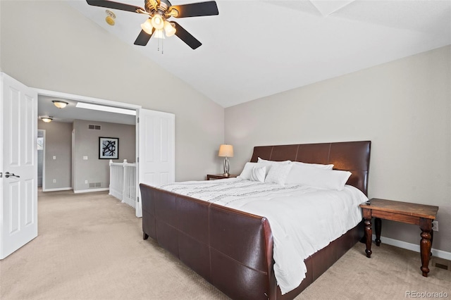 9432 La Quinta Way, Lone Tree, CO 80124 - bedroom with light carpet, vaulted ceiling, baseboards, and ceiling fan