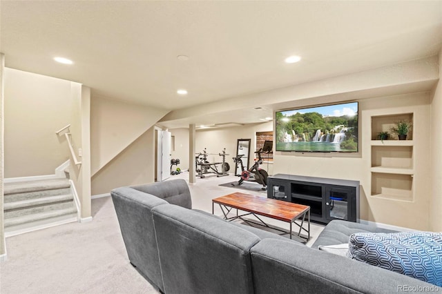 9432 La Quinta Way, Lone Tree, CO 80124 - living room with stairs, light carpet, recessed lighting, baseboards, and built in shelves