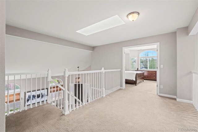 9432 La Quinta Way, Lone Tree, CO 80124 - hall with carpet flooring, a skylight, and an upstairs landing