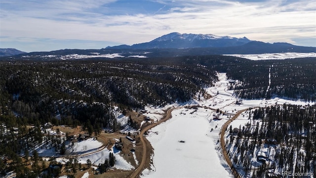 snowy aerial view with a mountain view