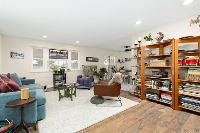 living room with ceiling fan and wood-type flooring