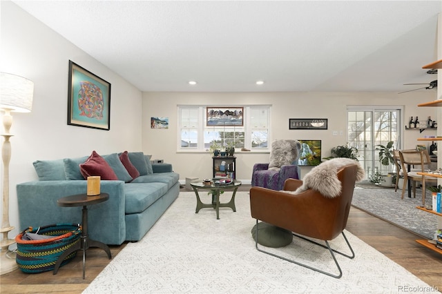 living room with ceiling fan, plenty of natural light, and wood-type flooring