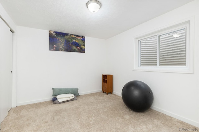 workout area with light colored carpet